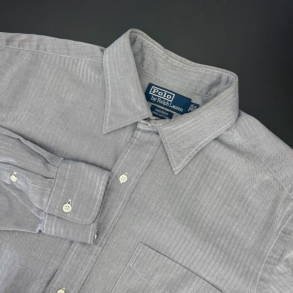 VTG Polo Ralph Lauren Shirt Mens 16.5 32/33 Black Andrew Herringbone Button Up